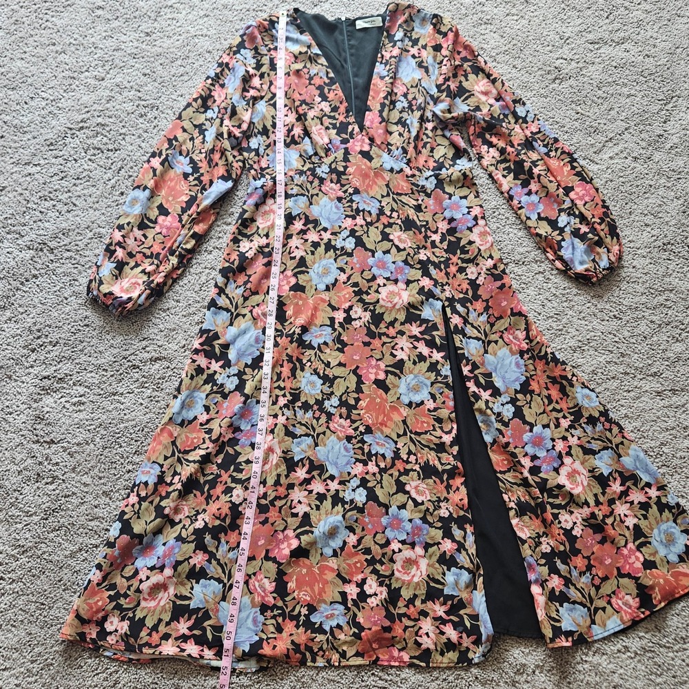 Showpo Henny Floral Midi Dress Womens 14 Black V-Neck Long Sleeve Side Slit Boho - Picture 4 of 12